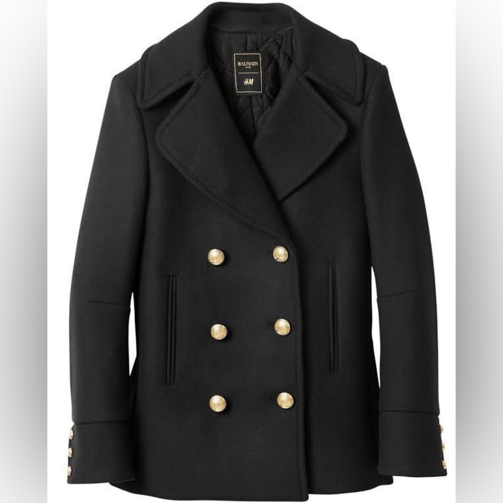Balmain Black Wool Double-Breasted Pea Coat with Gold Buttons